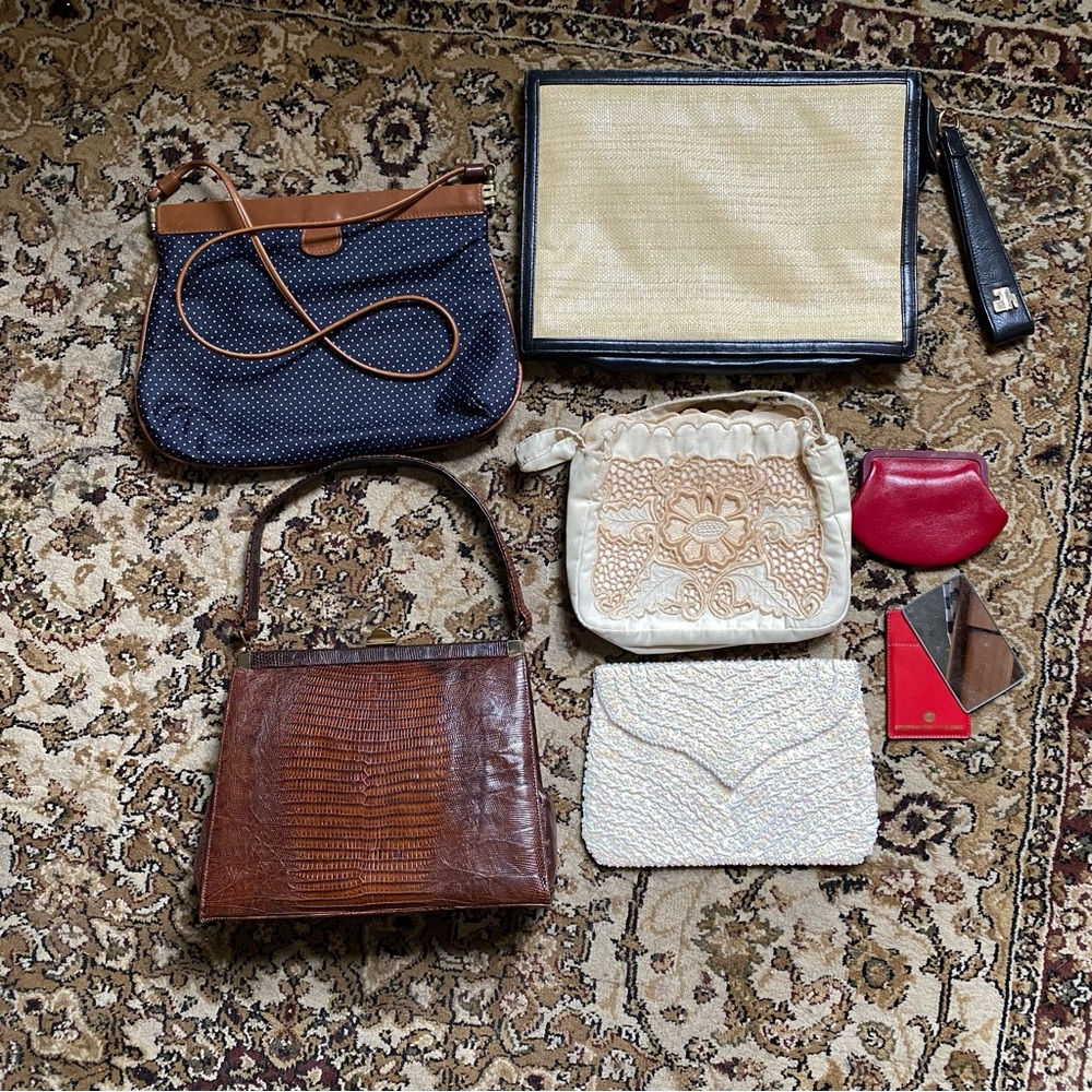 LOT OF 7: Vintage 50s - 70s Purses and Effects - Beaded, Lizard, Beaded, Boho